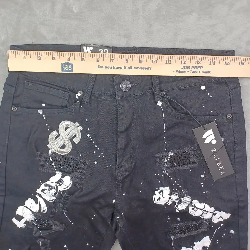 Waimea Black Skinny Fit Jean Shorts Men Size 32 Money Graffiti Paint Streetwear